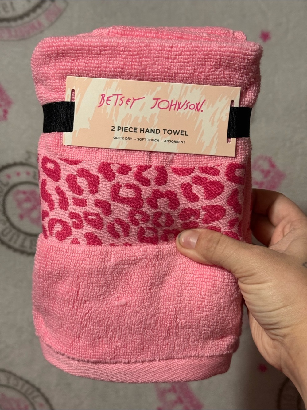 Betsey Johnson Pink Leopard Accent Hand Towels - Bright Hot Pink Set